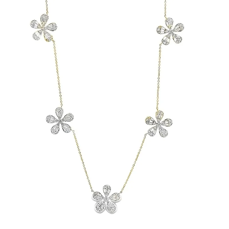 Large Baguette & Round Diamond 5 Flower Station Necklace