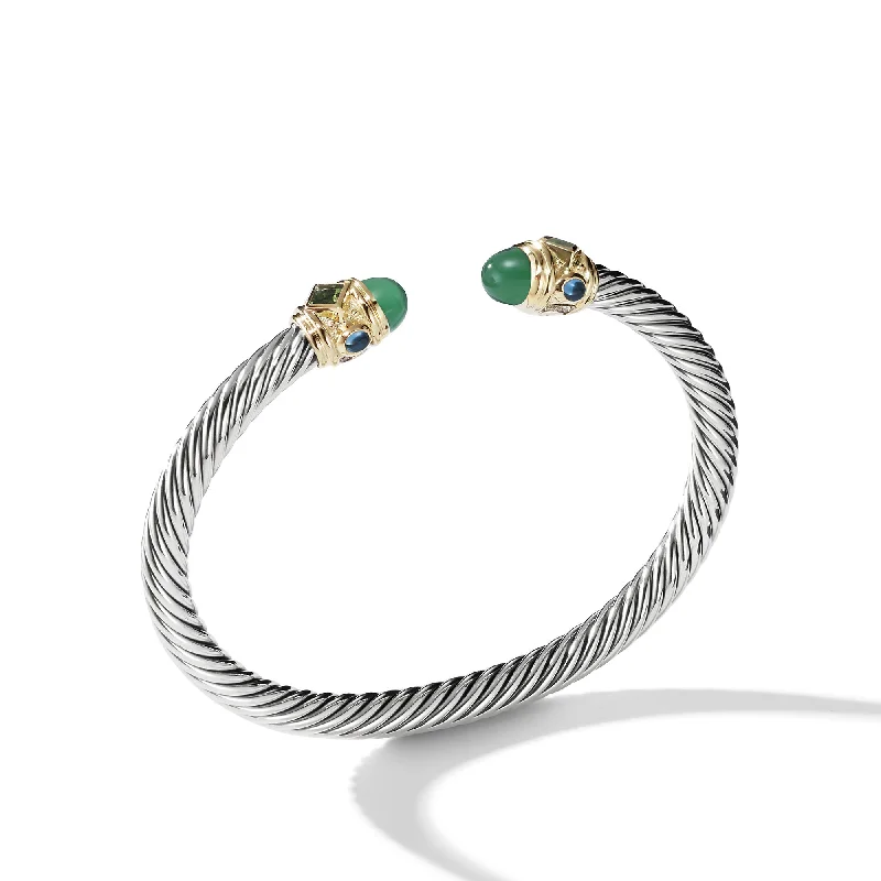 Elevate Your Jewelry Collection With Limited-Time Savings Renaissance® Classic Cable Bracelet in Sterling Silver with 14K Yellow Gold\, Green Onyx\, Chrome Diopside and Hampton Blue Topaz\, 5mm