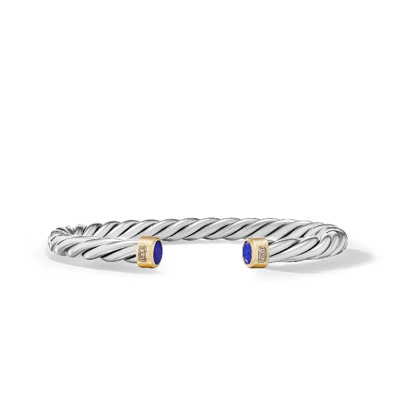 Premium Diamond Jewelry For Unforgettable Moments Cable Cuff Bracelet in Sterling Silver with 18K Yellow Gold and Lapis\, 6mm