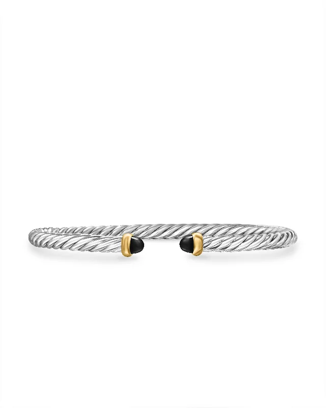 Get The Sparkle You Love At Prices You Adore Cable Flex Bracelet in Sterling Silver with 14K Yellow Gold and Black Onyx\, 4mm