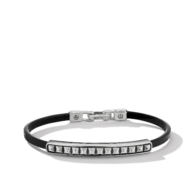 Grab Your Favorite Jewelry At The Lowest Prices Pyramid ID Bracelet in Black Leather with Sterling Silver\, 6.5mm