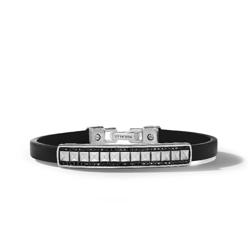 Make Every Moment Shine – Jewelry Discounts Available Pyramid ID Bracelet in Black Leather with Black Diamonds\, 9mm