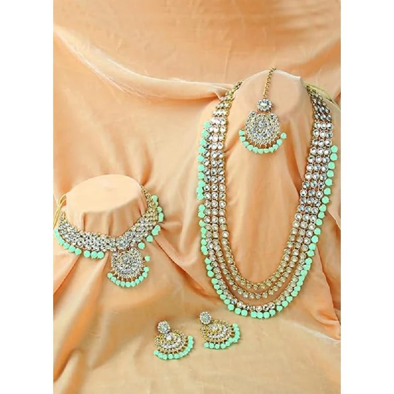 Etnico Traditional 18K Gold Plated Kundan & Pearl Studded Bridal Choker Necklace Jewellery Set With Earrings & Maang Tikka for Women(IJ325Mint)