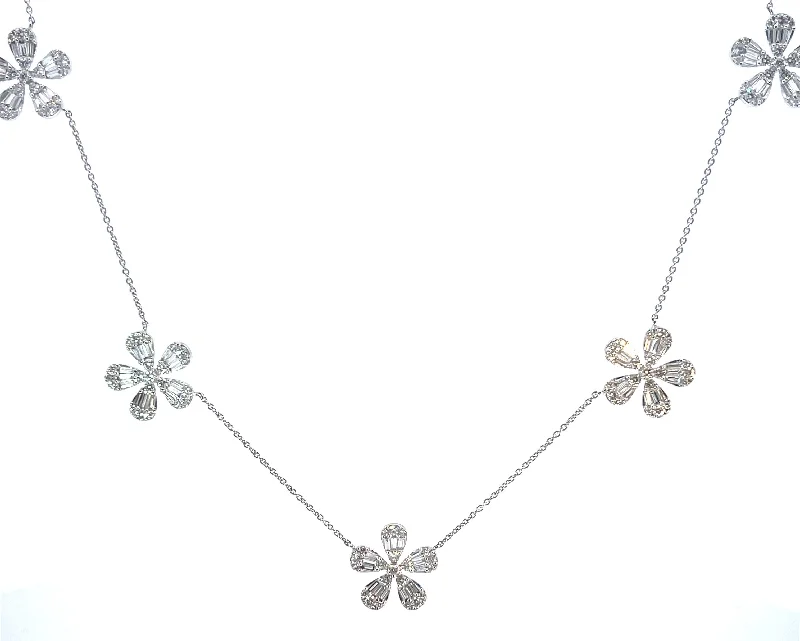 Medium Baguette & Round Diamond 5 Flower Station Necklace