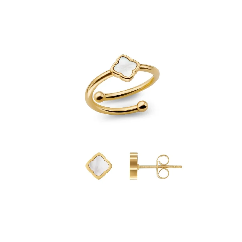 Mini Pearl Clover Ring & Earrings Bundle (Gold)