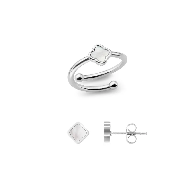 Mini Pearl Clover Ring & Earrings Bundle (Silver)