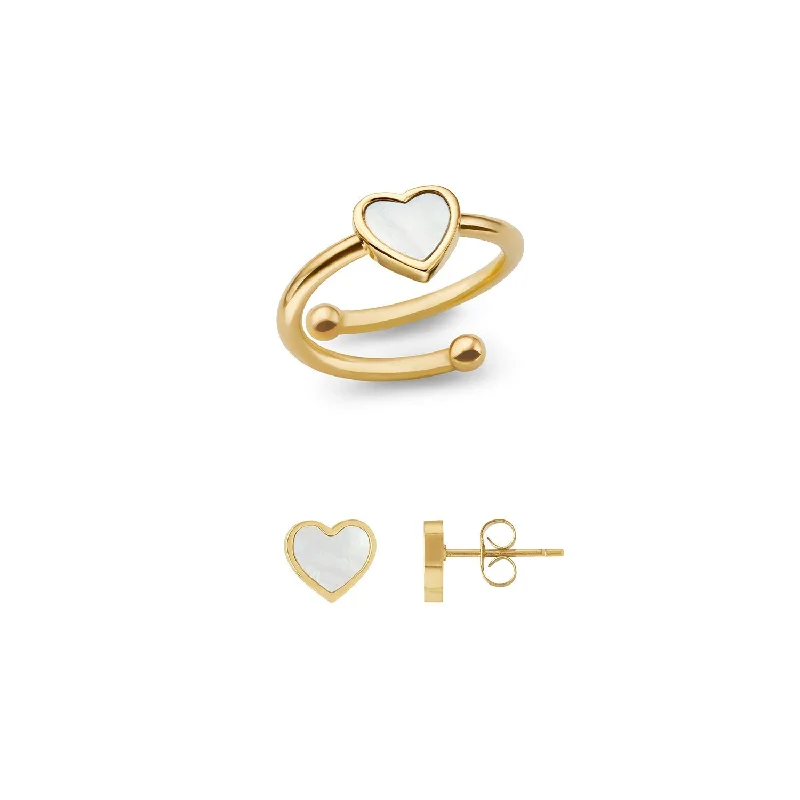 Mini Pearl Heart Ring & Earrings Bundle (Gold)