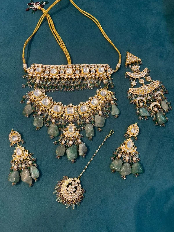 Mint Green Stone Pachi Kundan Studded Full Bridal Jwellery Set