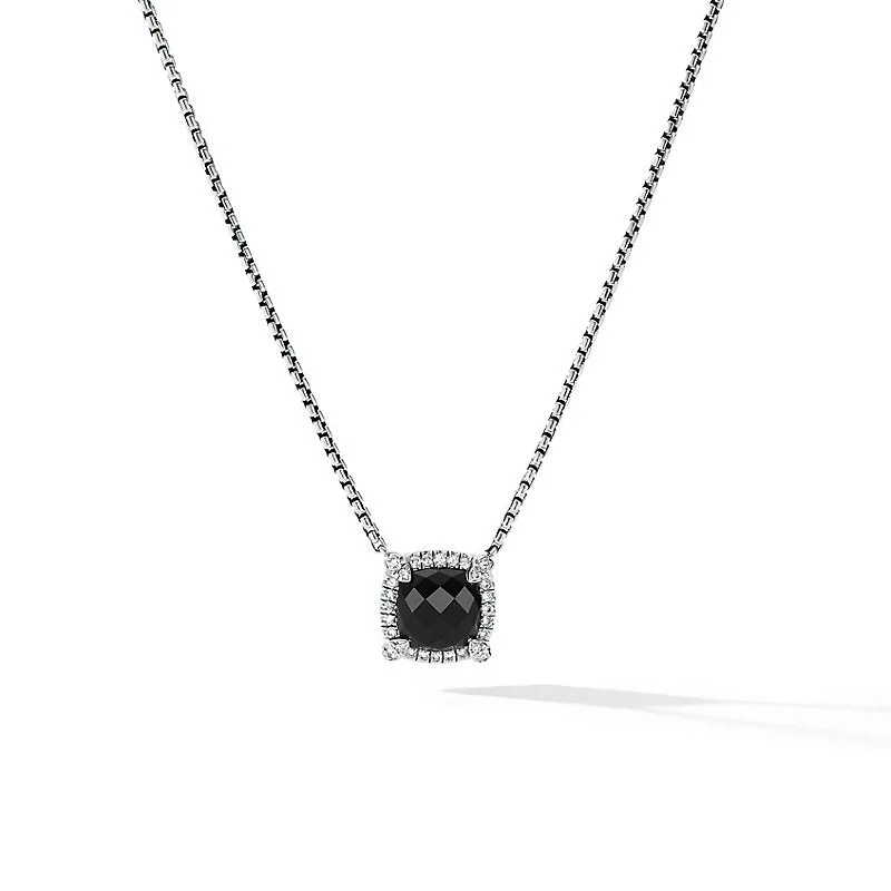 Trending Jewelry Styles Now At Limited-Time Discounts Petite Chatelaine® Pavé Bezel Pendant Necklace in Sterling Silver with Black Onyx and Diamonds\, 7mm