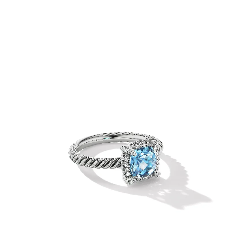 Exclusive Jewelry Sale – Sparkle For Less Petite Chatelaine® Pavé Bezel Ring in Sterling Silver with Blue Topaz and Diamonds\, 7mm