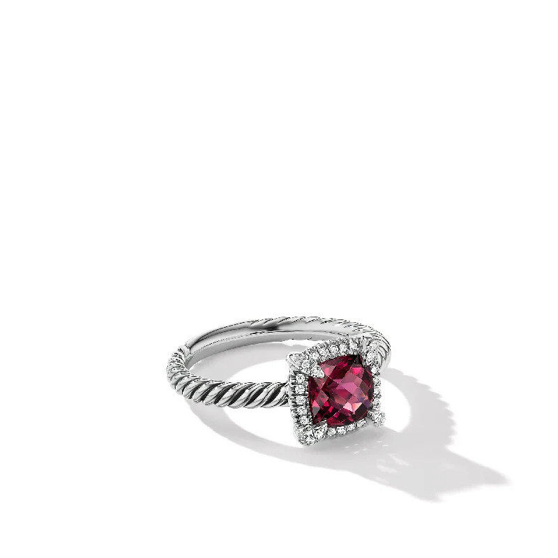 Affordable Luxury Jewelry For Every Occasion Petite Chatelaine® Pavé Bezel Ring in Sterling Silver with Rhodolite Garnet and Diamonds\, 7mm